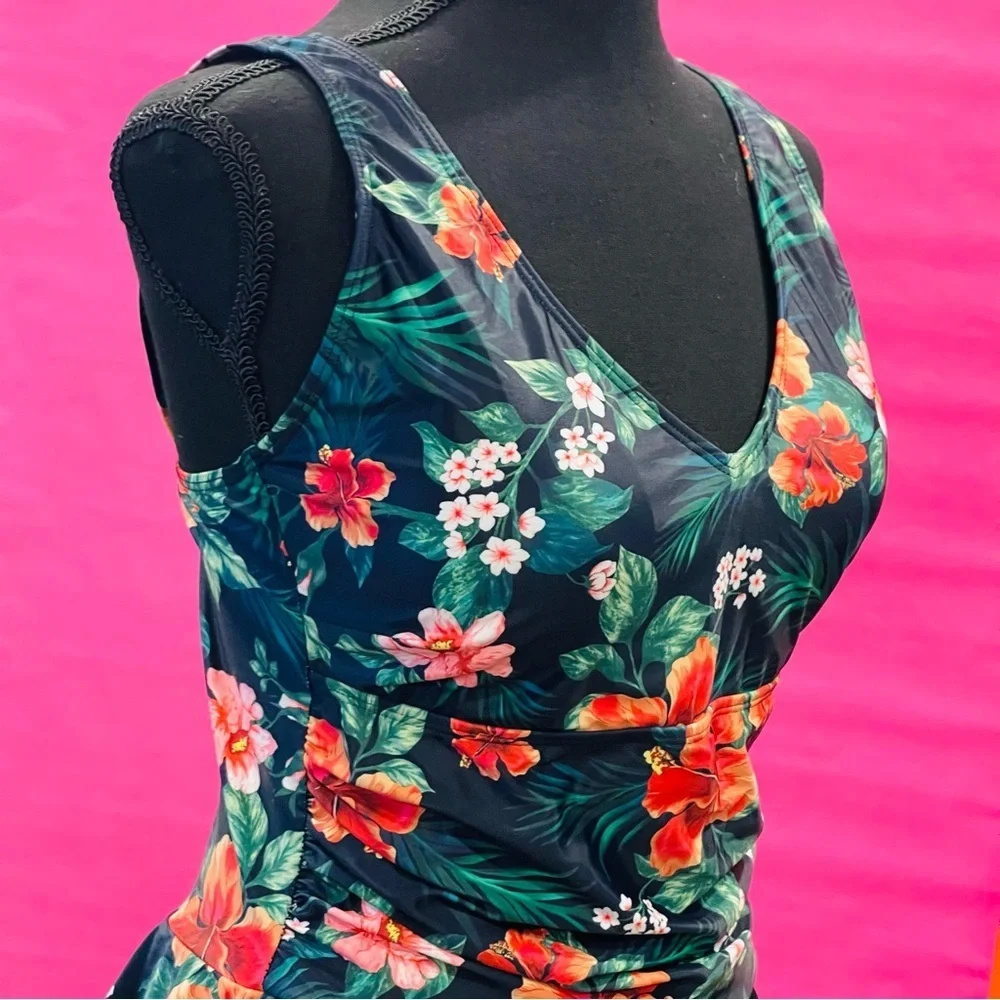 Yonique Floral Tropical Hibiscus One-Piece Swimsuit Size Large